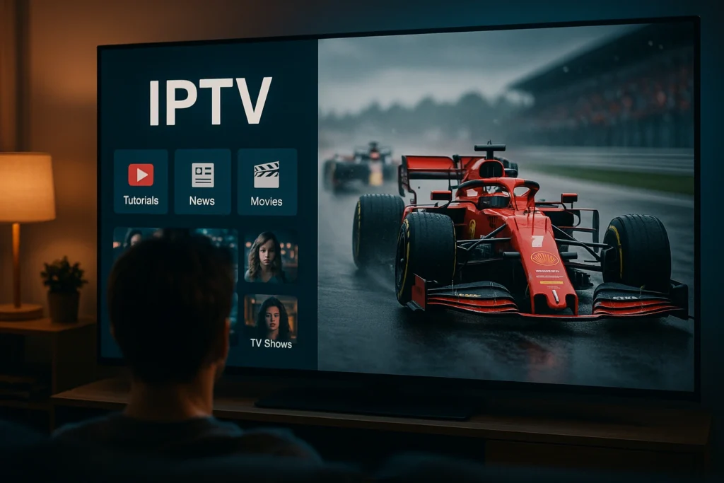 Realistische foto van een persoon die IPTV kijkt op een Smart TV, met een interface vol films en series en een live Formule 1 race in hoge kwaliteit.