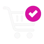 Winkelwagenicoon met roze vinkje, symbool voor veilig online bestellen van IPTV-abonnementen.
