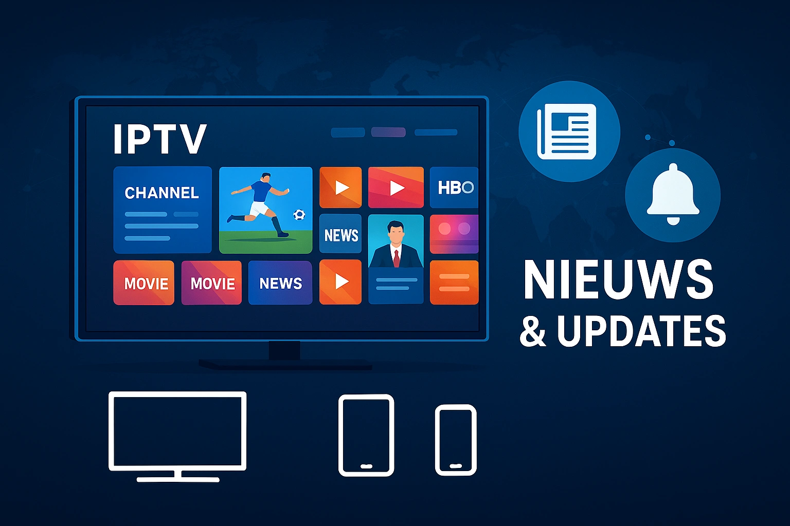 Illustratie van een smart TV met IPTV-interface, nieuws- en update-iconen, en meerdere apparaten die IPTV ondersteunen – gebruikt voor de IPTV Nieuws pagina van IPTV Totaal.