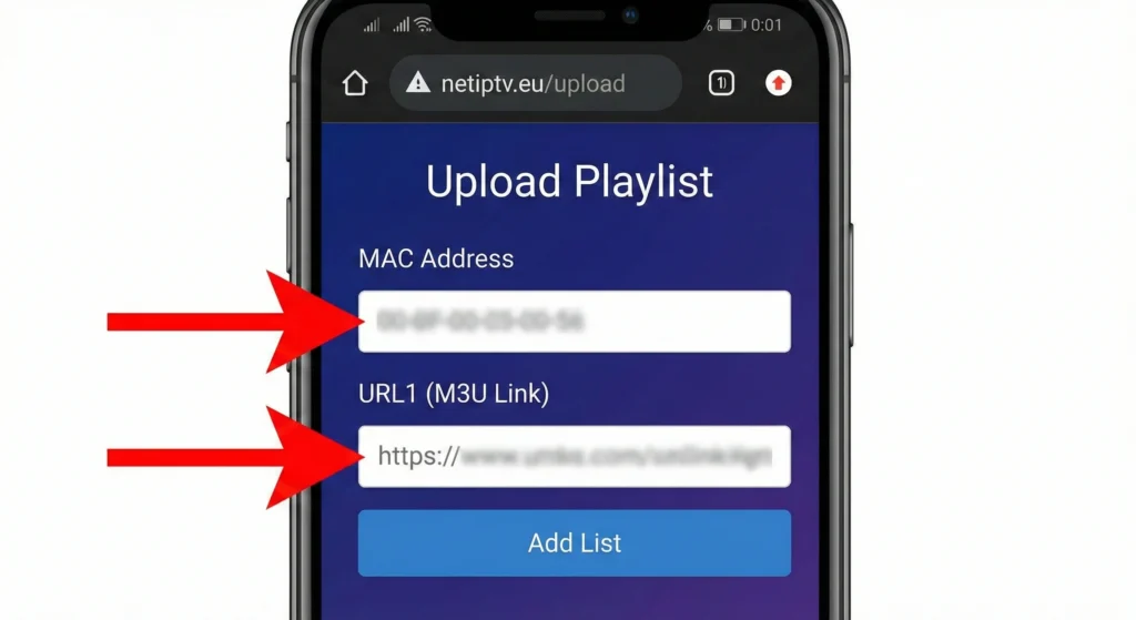 Screenshot van Net IPTV upload portal website voor toevoegen M3U playlist