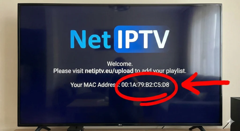 Startscherm Net IPTV app op Smart TV met MAC-adres omcirkeld
