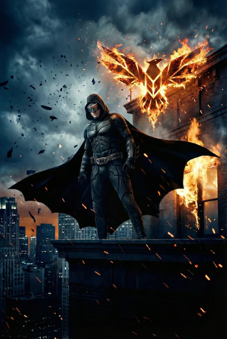 Batman silhouet voor een brandend gebouw – vergelijkbaar met de kracht en stabiliteit van IPTV Totaal en IPTV Nederland.