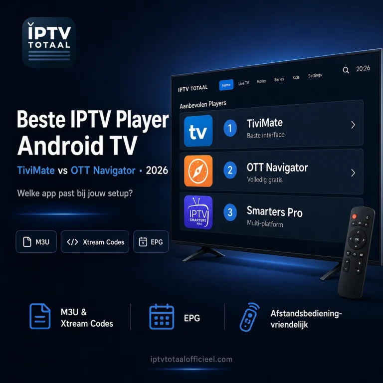 Beste IPTV player voor Android TV vergelijking 2026 met IPTV Totaal logo, smart TV interface, TiviMate, OTT Navigator, IPTV Smarters Pro, M3U, Xtream Codes, EPG en afstandsbediening-vriendelijke bediening