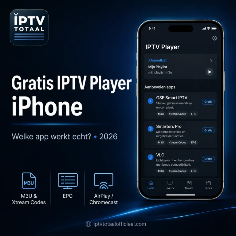Illustratie van een iPhone met IPTV player interface en vergelijking van gratis IPTV apps voor iPhone, inclusief M3U, Xtream Codes, EPG en castmogelijkheden