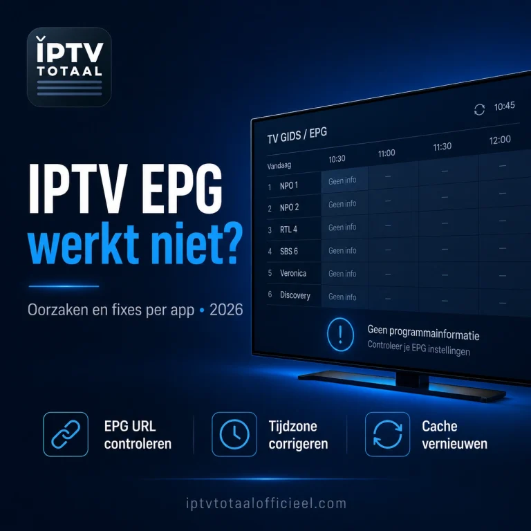 IPTV EPG werkt niet of is leeg in 2026 met IPTV Totaal logo, tv-gids zonder programmainformatie, Geen info melding, EPG URL controle, tijdzone correctie en cache vernieuwen