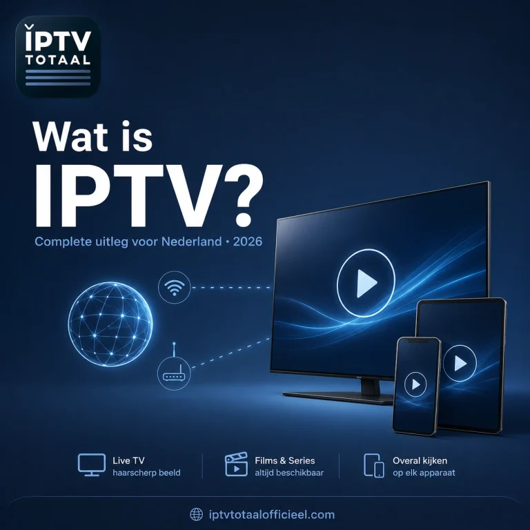 Wat is IPTV uitleg voor Nederland 2026 met IPTV Totaal logo, smart tv, smartphone, tablet, internetverbinding en streaming iconen voor live tv, films en series