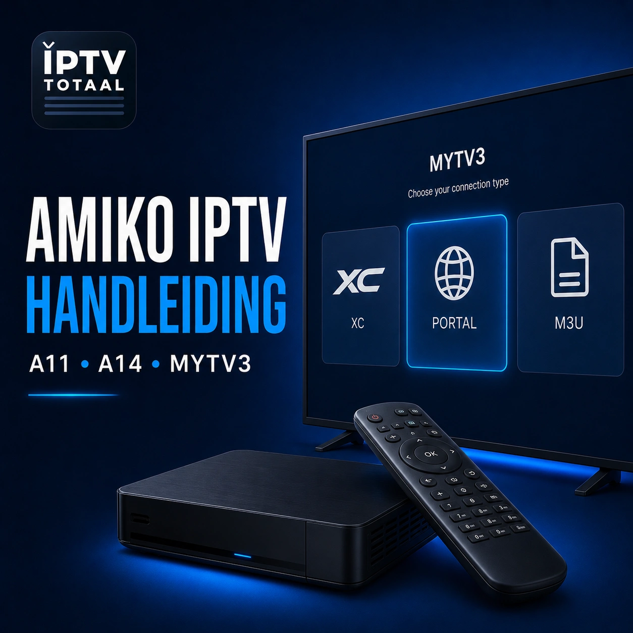 Amiko IPTV handleiding voor A11 en A14 met MYTV3, afstandsbediening en verbindingsopties.