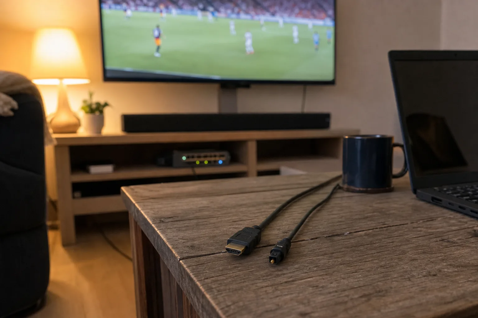 HDMI and TOSLINK optical cables side by side on a coffee table.