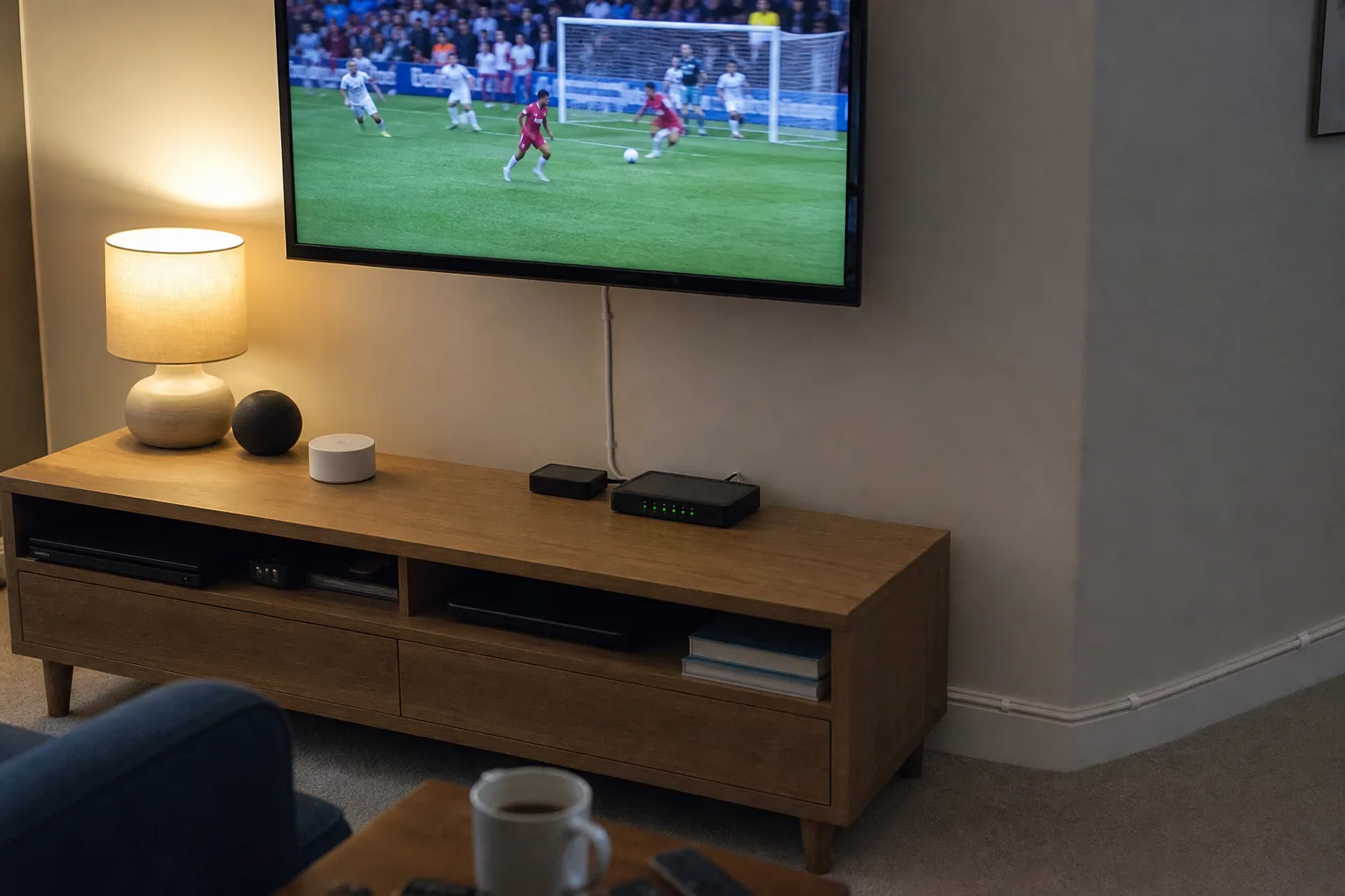 Neat Ethernet cable clipped along a baseboard to a media unit beneath a TV showing football.