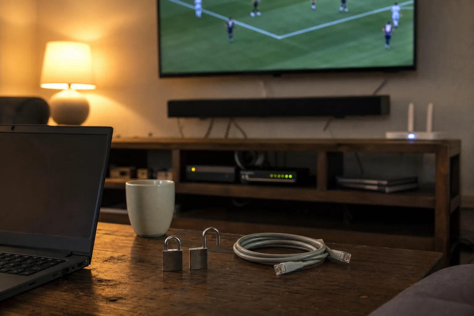 Open and closed padlocks beside a coiled Ethernet cable in front of a TV showing football.