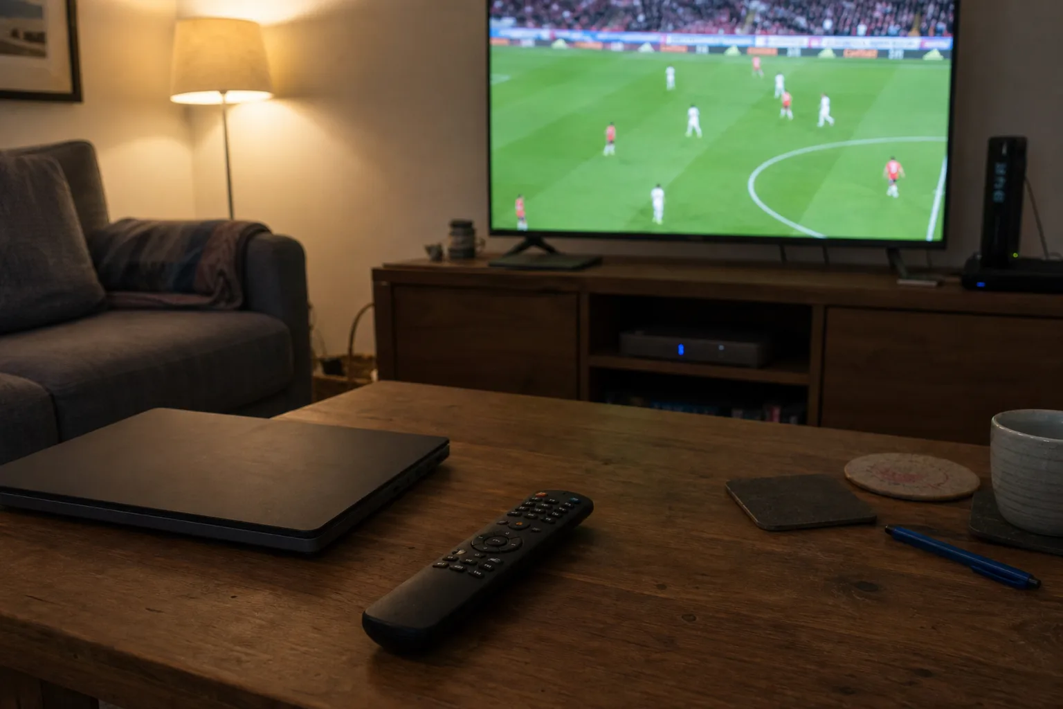 Remote control on a coffee table facing a TV that’s showing a football match.