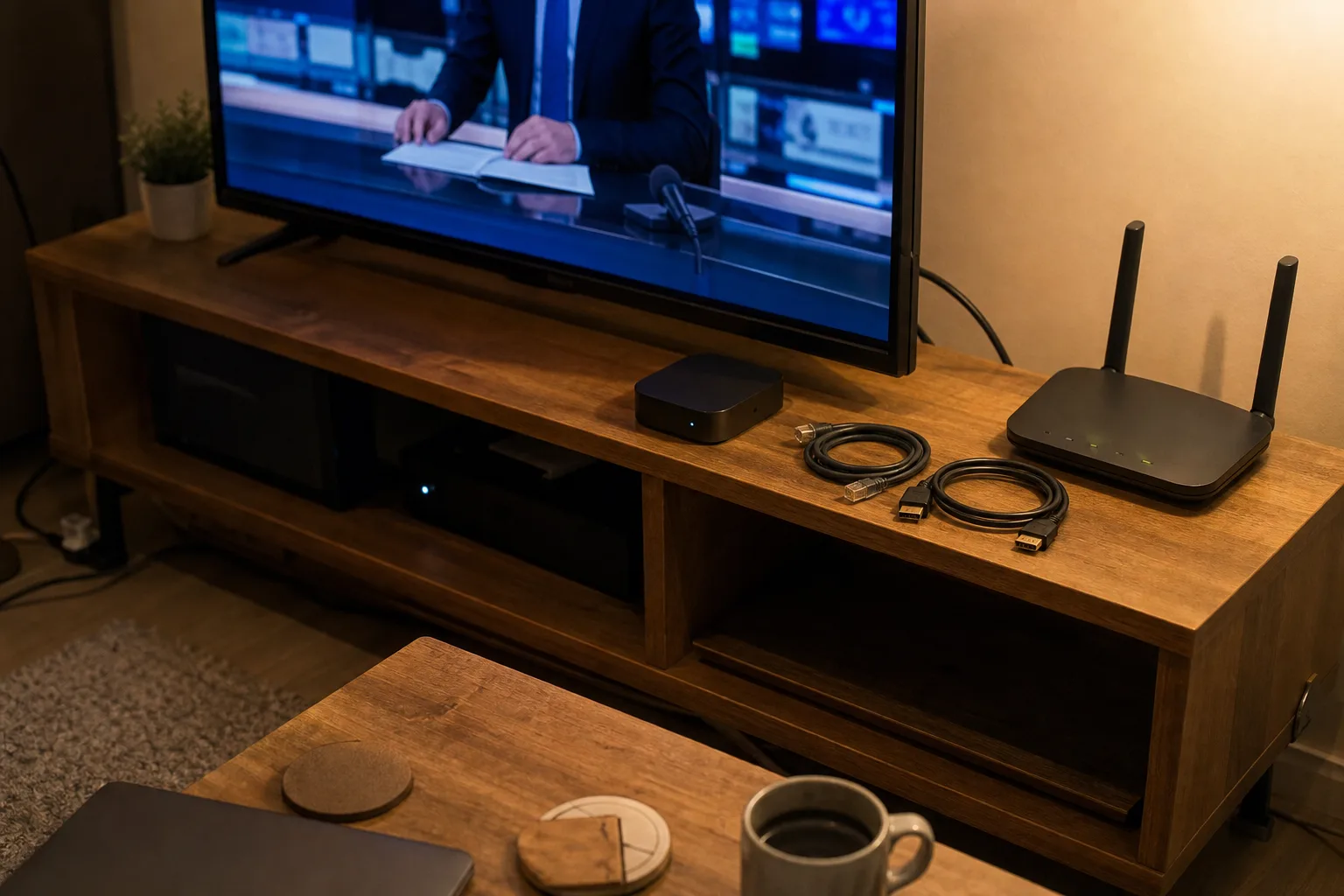Streaming device on a TV stand with HDMI and Ethernet cables nearby; TV shows a news program.