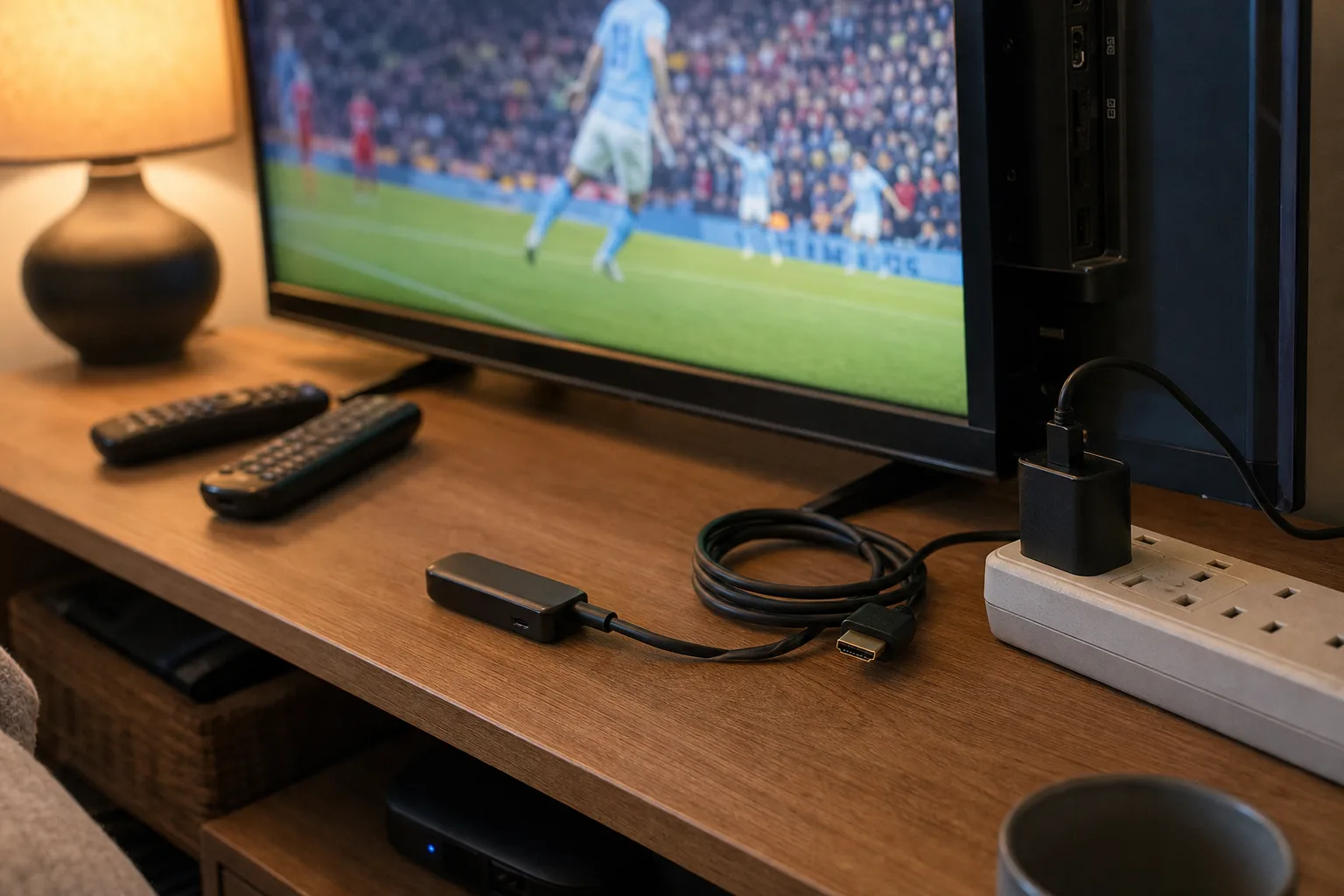 Streaming stick on TV console with its power adapter plugged in, TV on in the background.